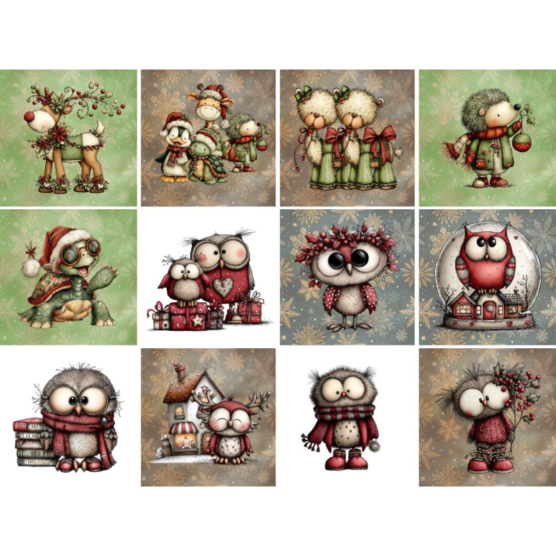 LOT DE 12 PANNEAUX LINGETTES 12x12 cm CHOUETTES ET COMPAGNIE
