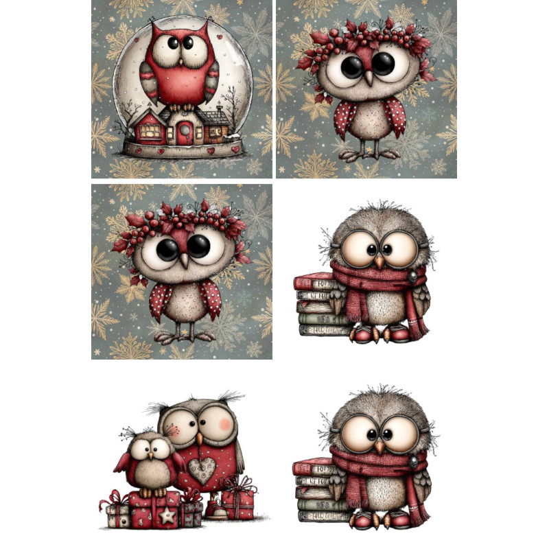 LOT DE 6 PANNEAUX MICROFIBRE CHOUETTES NOEL 25X25 cm