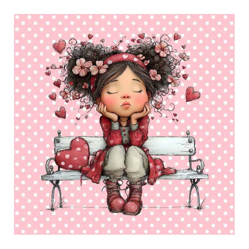 Panneau 15x15 cm velours tapissier fille sur un banc