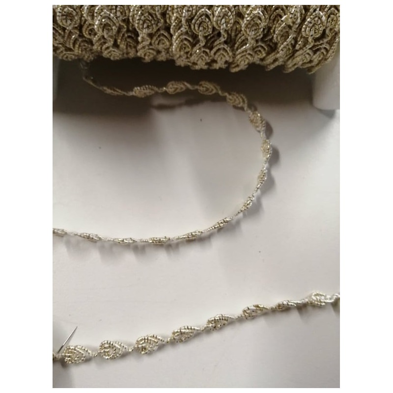 Galon lurex blanc / or mini roses 8 mm