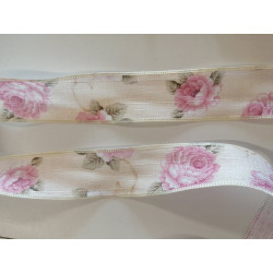 Ruban imitation lin motifs roses 40 mm